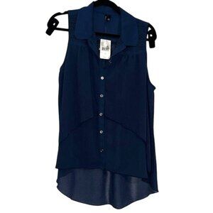 Sleeveless Blue Button-Down Blouse With Layered Hem XL